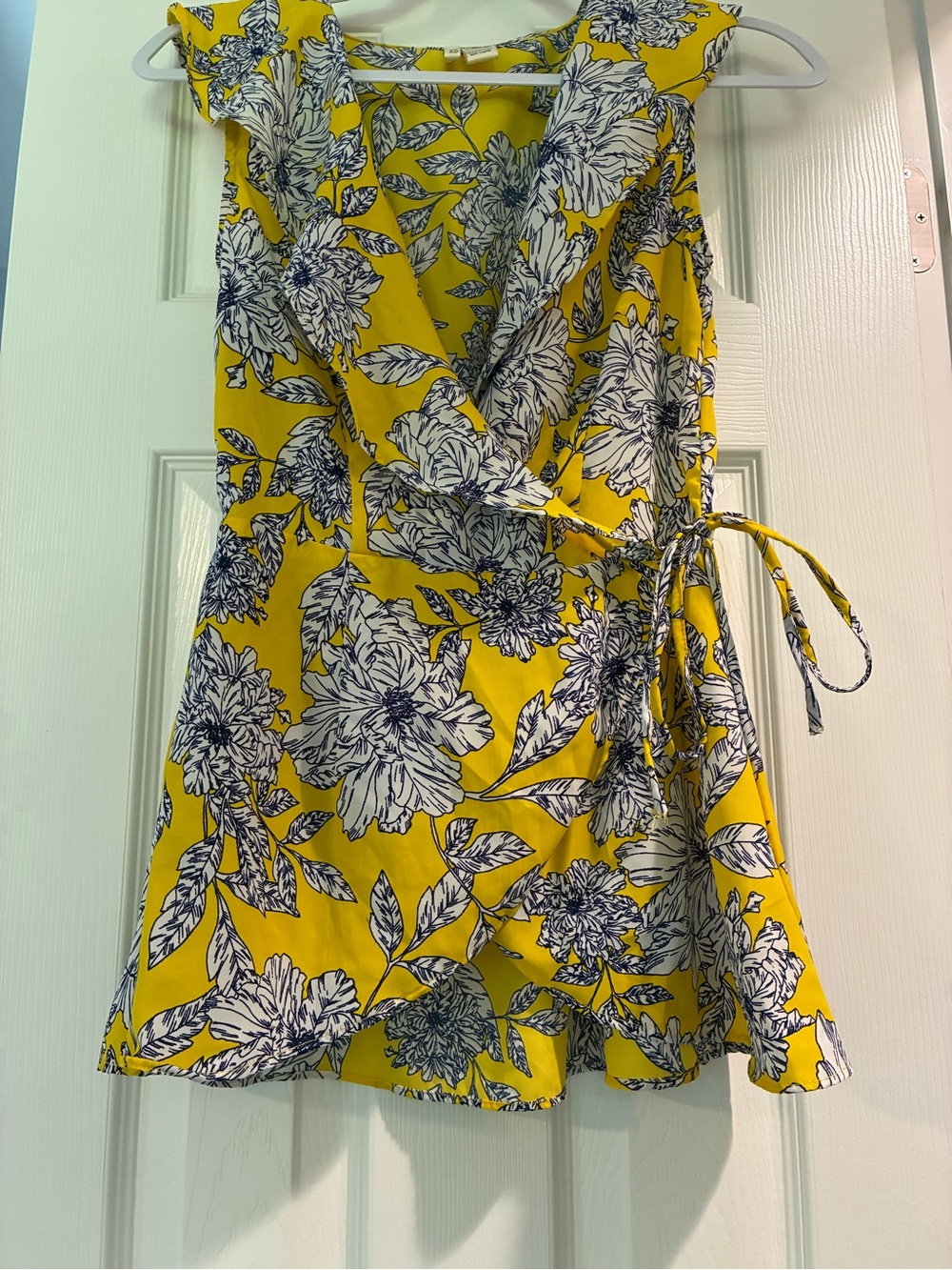 Japna Yellow Wrap Blouse with Navy Floral Print